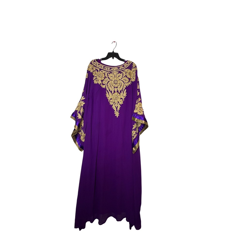 Purple Gold Embroidered Kaftan Gown Rhinestone Embellished Bell SleeveMaxi Dress